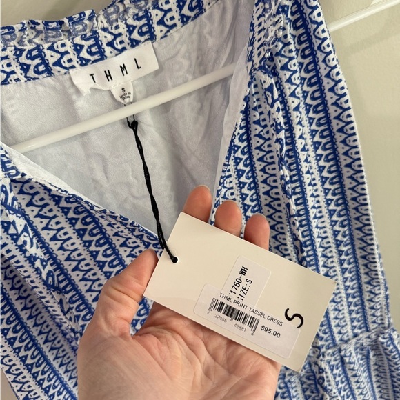 THML Geometric Tiered Ruffle Tassel Dress - Blue/White - Size Small - NWT - Picture 5 of 12